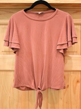 Green Envelope Rosewood Ruffle Sleeve Tie-Front Tee Top S